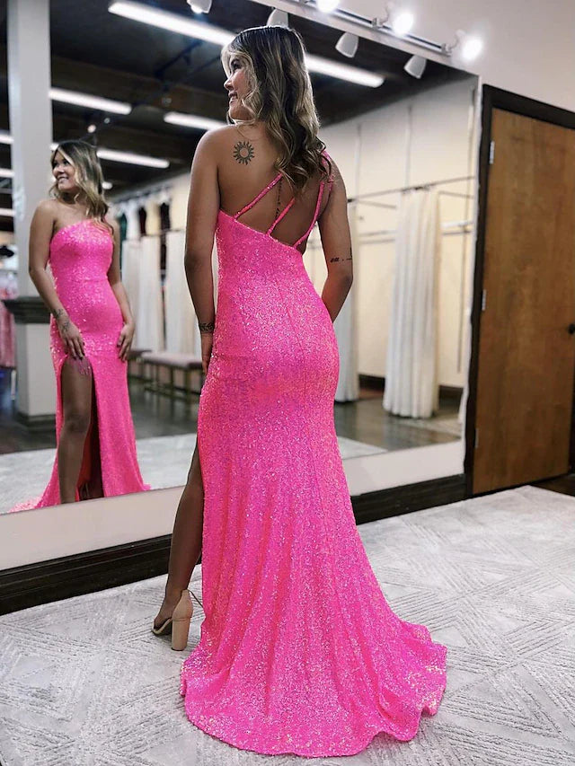 Mermaid / Trumpet Prom Dresses Formal Sweep / Brush Train Sleeveless One Shoulder Sequined Backless with Sequin Slit