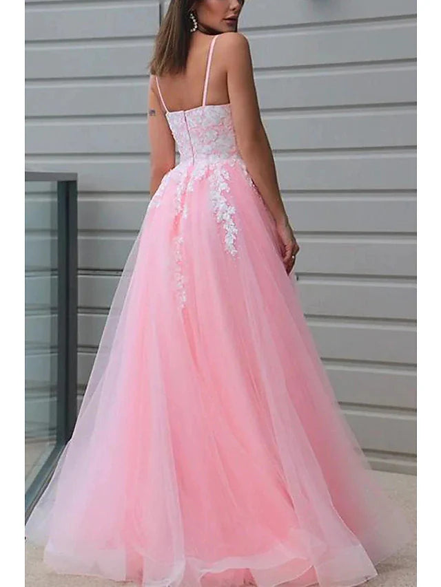 A-Line Prom Dresses Princess Dress Floor Length Sleeveless V Neck Tulle with Pleats Appliques