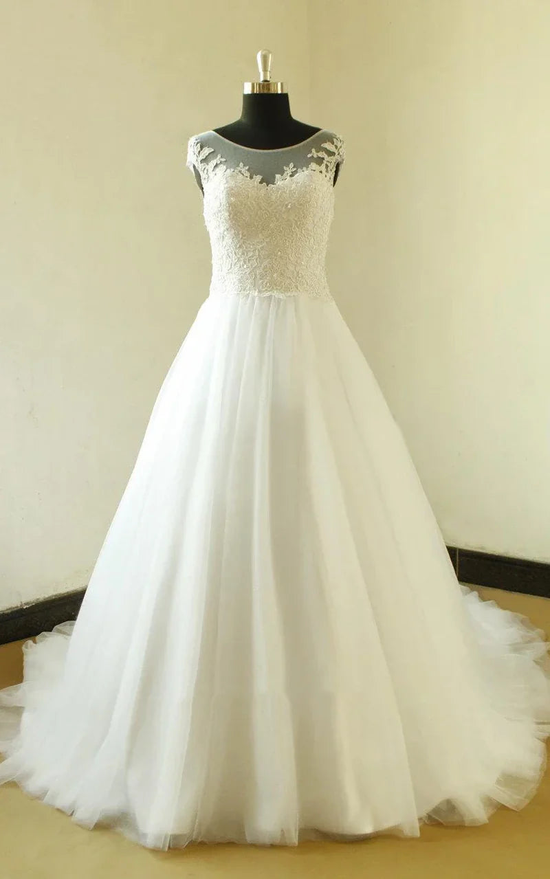 A-Line Neck Cap Sleeve Long Tulle Wedding Dress