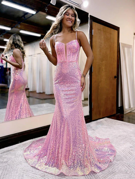 Mermaid / Trumpet Prom Dresses Sparkle & Shine Dress Court Train Sleeveless Spaghetti Strap Sequined V Back with Sequin