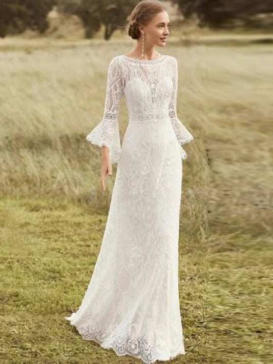 Beach Boho A-Line Wedding Dresses Court Train Long Sleeve Jewel Neck Lace With Lace Solid Color