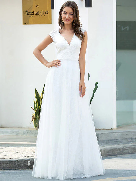 Beach Wedding Dresses A-Line Floor Length Short Sleeve V Neck Lace