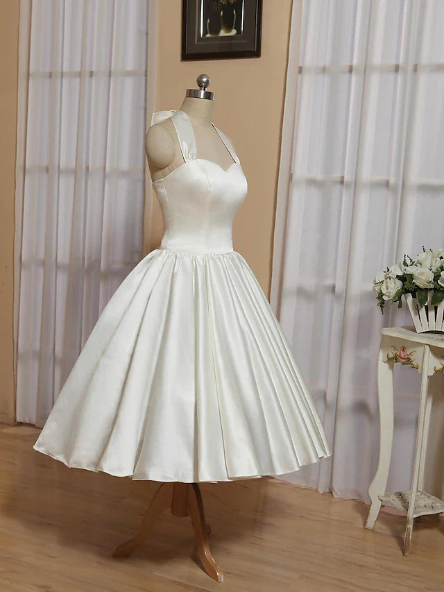 Bridal Shower Little Dresses Wedding Dresses Tea Length A-Line Sleeveless Halter Satin With Bow(s) Pleats