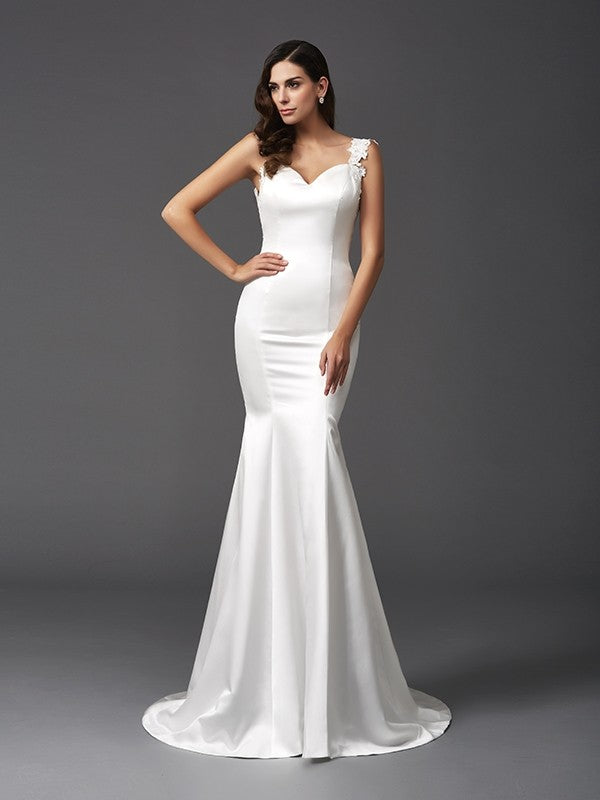 Trumpet/Mermaid Straps Beading Sleeveless Long Satin Wedding Dresses