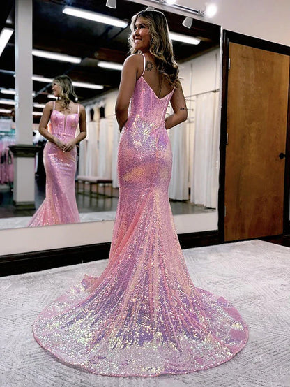 Mermaid / Trumpet Prom Dresses Sparkle & Shine Dress Court Train Sleeveless Spaghetti Strap Sequined V Back with Sequin