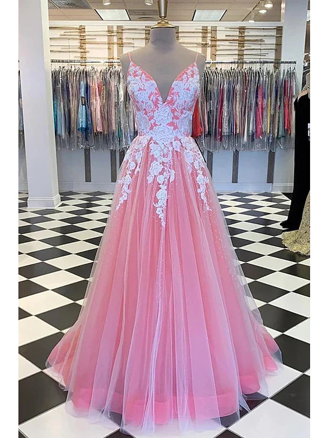 A-Line Prom Dresses Princess Dress Floor Length Sleeveless V Neck Tulle with Pleats Appliques