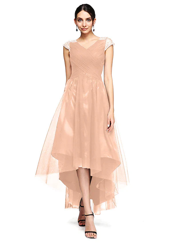 A-Line Open Back Dress Wedding Guest Asymmetrical Short Sleeve V Neck Tulle with Criss Cross Beading