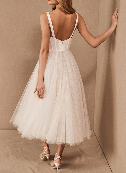 A-Line Sweetheart Sleeveless Tulle Tea Length Wedding Dresses