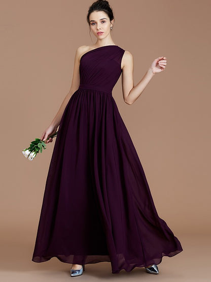 A-Line/Princess One-Shoulder Sleeveless Ruched Floor-Length Chiffon Bridesmaid Dresses