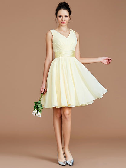 A-Line/Princess V-neck Sleeveless Sash/Ribbon/Belt Short/Mini Chiffon Bridesmaid Dresses