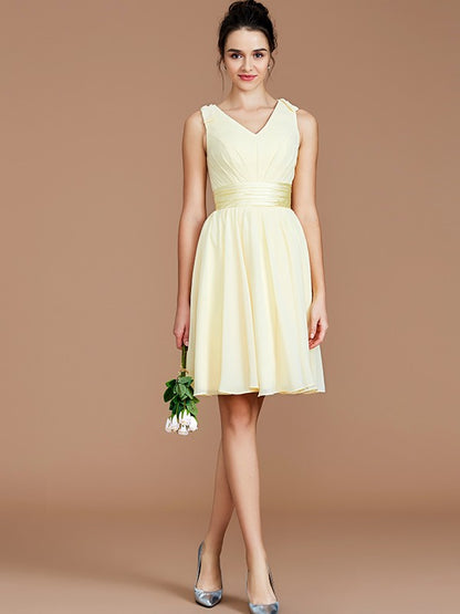 A-Line/Princess V-neck Sleeveless Sash/Ribbon/Belt Short/Mini Chiffon Bridesmaid Dresses
