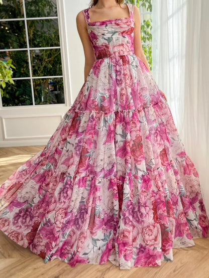 A Line Floral Long Prom Dress