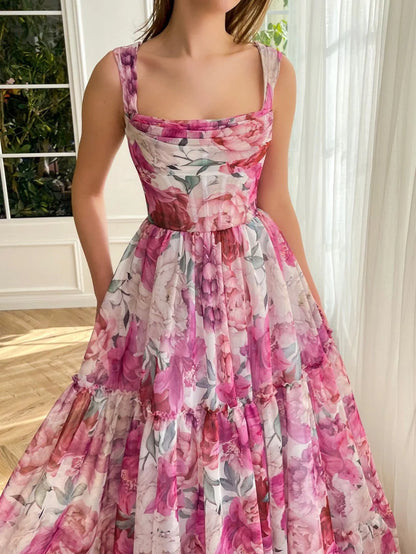 A Line Floral Long Prom Dress