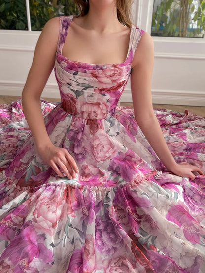 A Line Floral Long Prom Dress