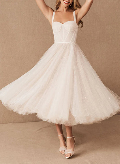 A-Line Sweetheart Sleeveless Tulle Tea Length Wedding Dresses