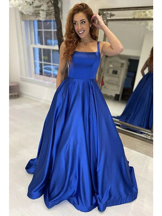 A-Line Prom Dresses Princess Dress Sweep / Brush Train Sleeveless Strapless Satin Backless with Pleats