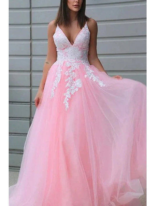A-Line Prom Dresses Princess Dress Floor Length Sleeveless V Neck Tulle with Pleats Appliques