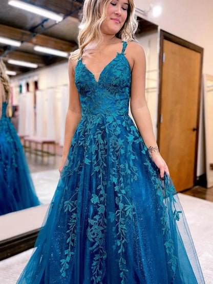 A Line Glitter Tulle Lace Prom Dress