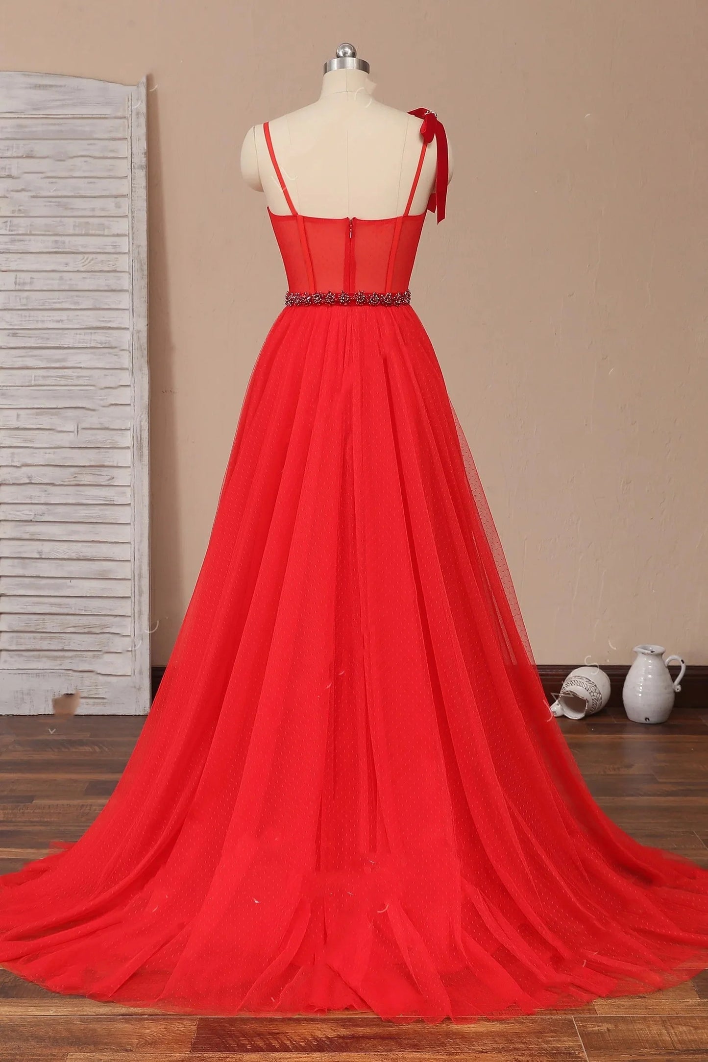 A Line Beaded Prom Dresses Tulle Straps Sweetheart