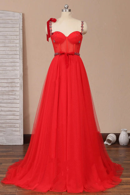 A Line Beaded Prom Dresses Tulle Straps Sweetheart
