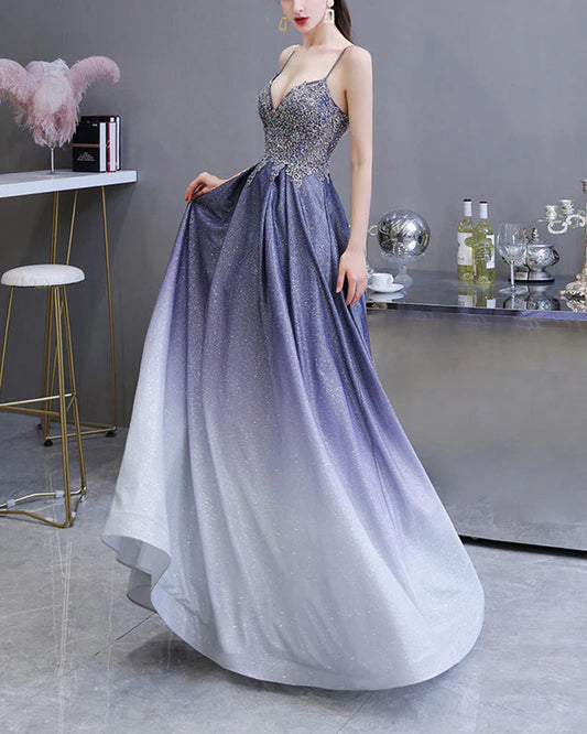 A Line Spaghetti Strap V Neck Sequin Beads Floor Length Prom Dresses Lace Applique