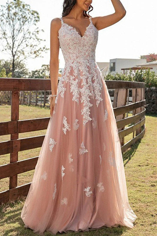 A Line Tulle Straps Applique Tulle Evening Dress Prom Dresses