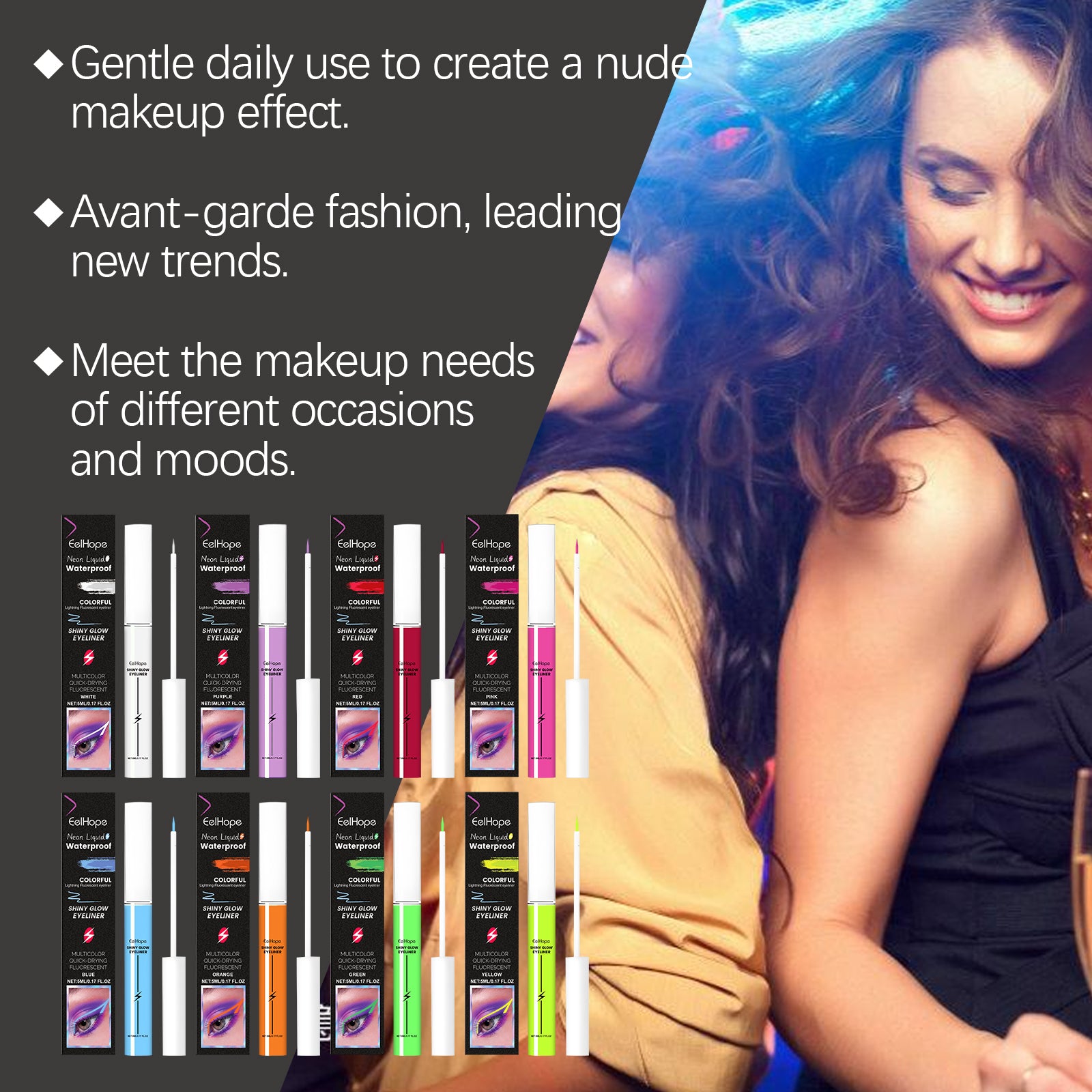 Multi Color Neon Eyeliner Liquid Set Lasting Eye Makeup Prevent Fading Waterproof Sweatproof Shiny Glow Eyeliner