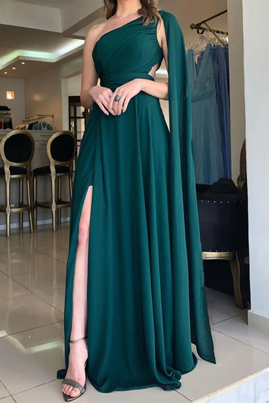 Shoulder Chiffon Sleeveless Long Prom Dresses With Split