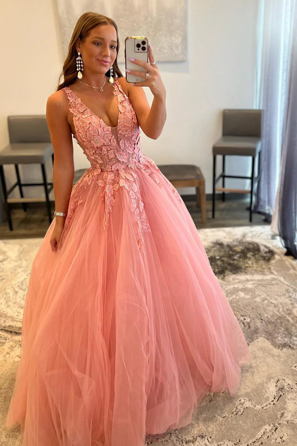 A Line V Neck Tulle Lace Appliques Long Open Back Prom Dresses ﻿ Xaarx Dress 4802