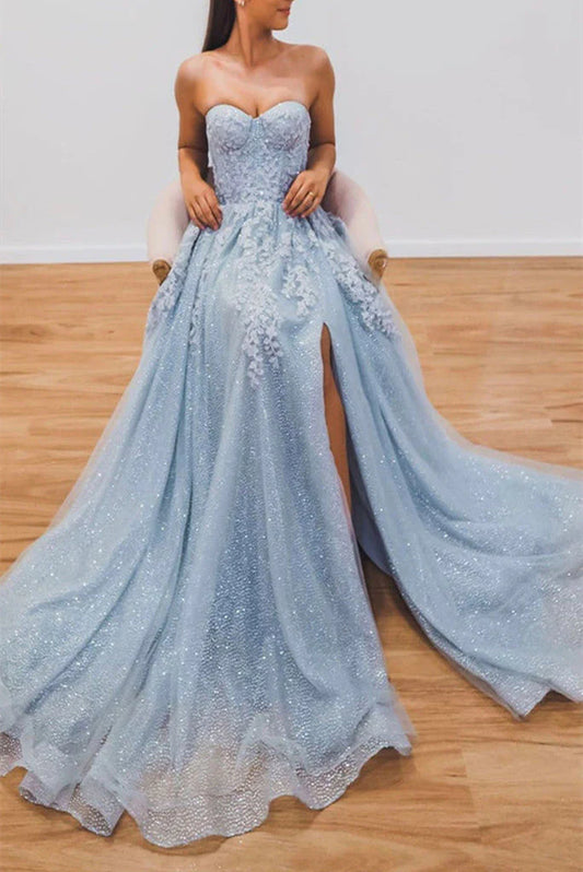 A line Light Blue Tulle Prom Dresses Appliques Evening Dress