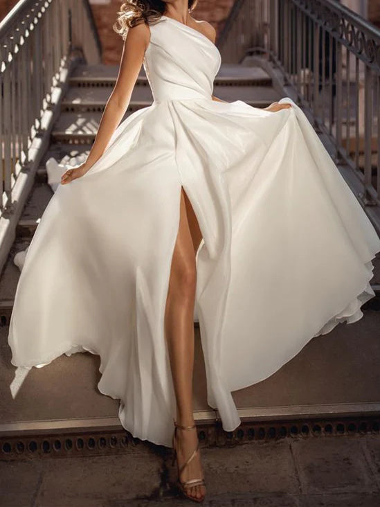 A-Line One-Shoulder Floor-Length Wedding Dress With Split Side