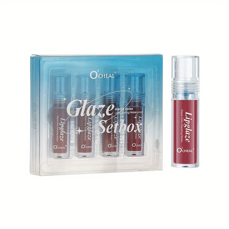 4 PCS 4 Color Lip Glaze Sets Durable Moisturizing Light Breathable Glossy Non-Sticky Lip Gloss for Full-Look Lips Long-Lasting