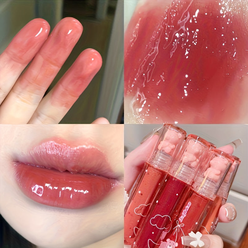 6 color lip glaze cute little bear mirror gloss  jelly lips with sparkling light dew water  long-lasting stain resistant trans