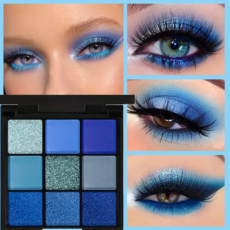 9 Color Eyeshadow Palette Blue Waterproof Sweatproof Blue Matte Pearl Glitter Finish Performance Stage Makeup Music Festival