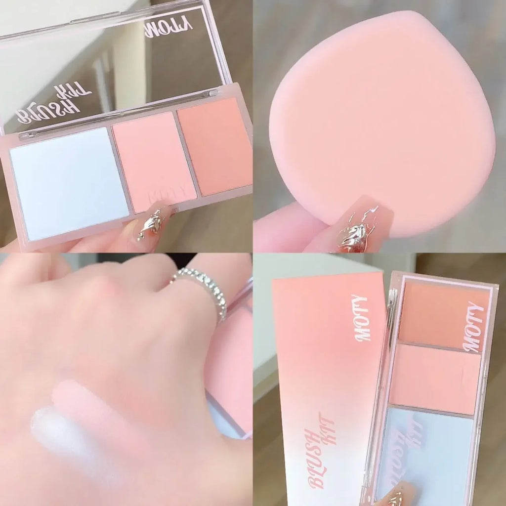 3 Colors Blush Palette Waterproof Pink Taro Purple Matte Blusher Face Makeup with Mashed Potato Texture Highlight Powder Blush