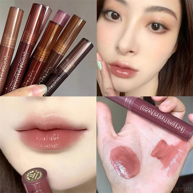 Punk Dark Brown Mirror Water Lip Gloss Red Lip Glaze Transparent Glass Lip Oil Waterproof Liquid Lipstick Clear Tint Makeup