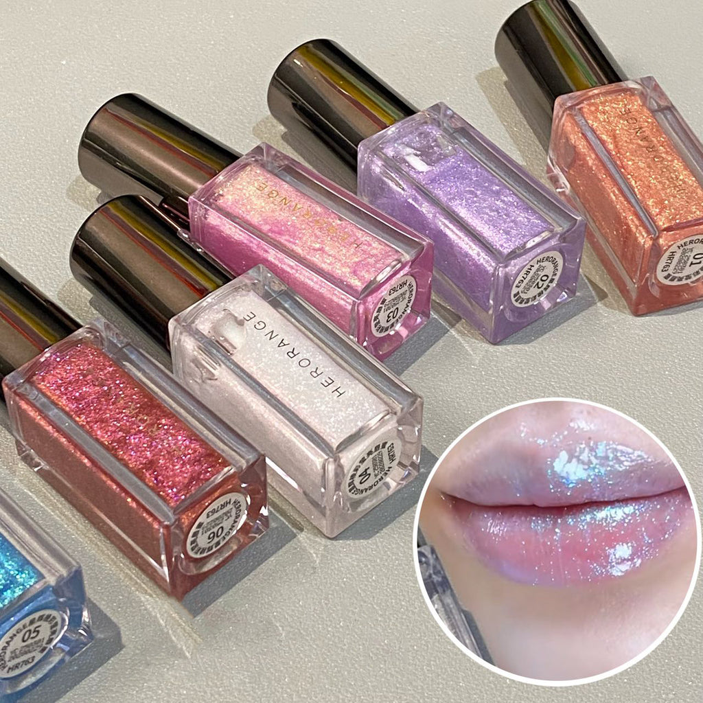 Multichrome Diamond Shimmer Lip Gloss Clear Glitter Metallic Pink Blue Orange Lip Stain Mirror-Shine Gloss 3D Sparkling Lips
