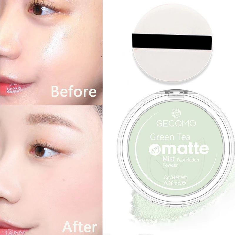 Green Tea Matte Face Mist Pressed Powder: 24 Hour Oil Control Setting Foundation - Full Coverage Waterproof Makeup