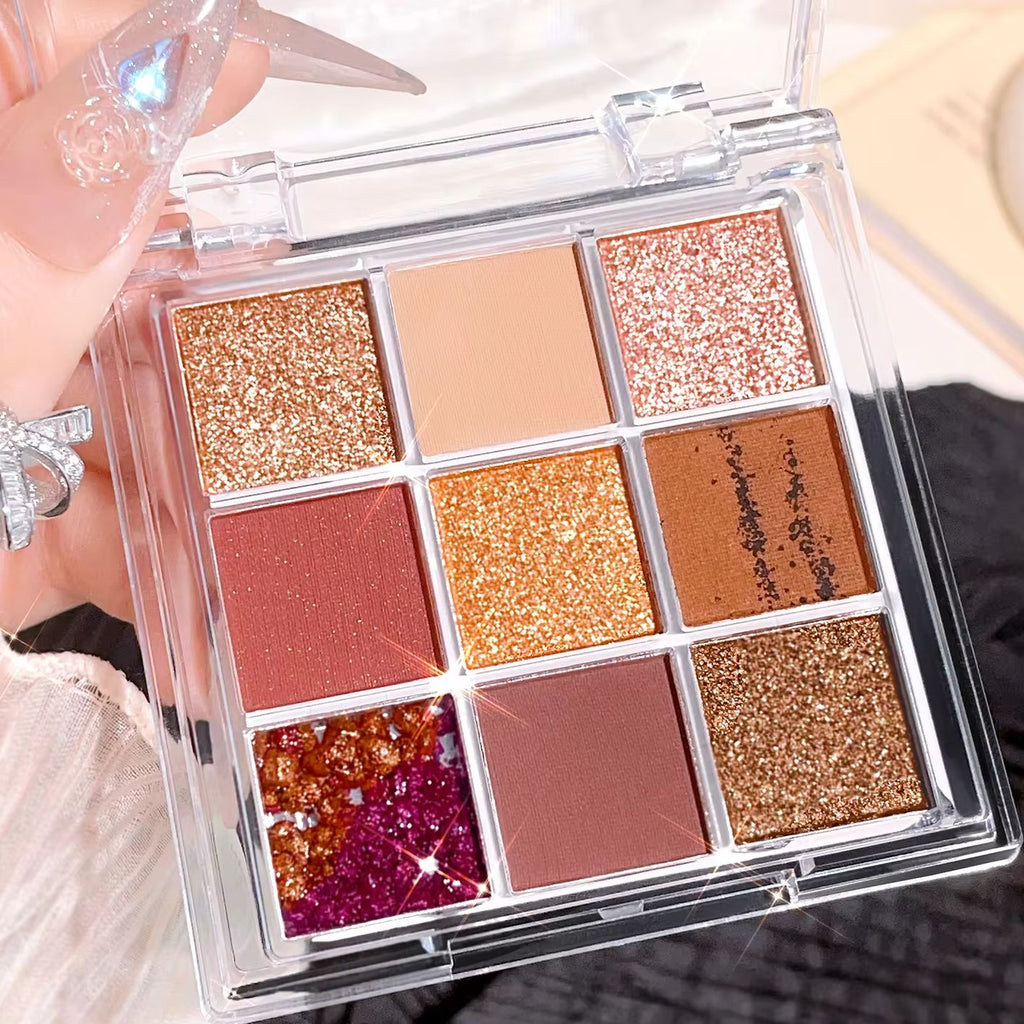 Summer 9 color eyeshadow palette  Orange brown  pink and gold  matte shimmer effect  lasting makeup  keep glitter rose Eyeshadow