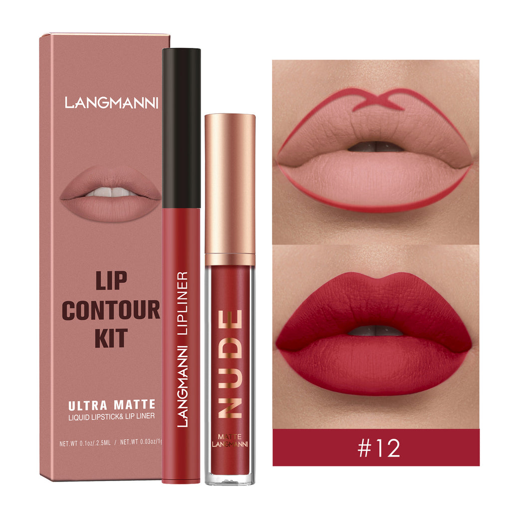 Waterproof Lasting Matte Velvet Lip Gloss Lip Liner Set 2pcs/set Lipliner Pen and Lip Gloss Combination Set Lips Contour