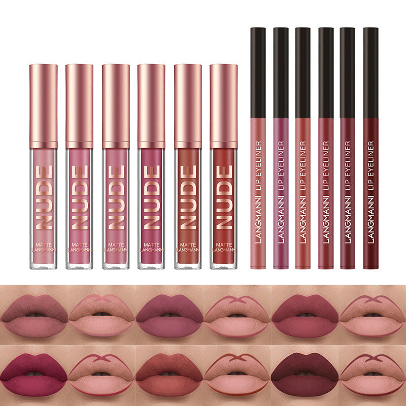 Waterproof Lasting Matte Velvet Lip Gloss Lip Liner Set 2pcs/set Lipliner Pen and Lip Gloss Combination Set Lips Contour Makeup