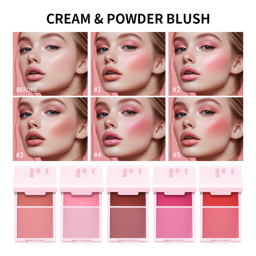 Creme & Powder Blush Duo Long Wearing Matte & Dewy Finish High Pigment Pink Candy Peach Blush Palette Vibrant Orange Red Blush