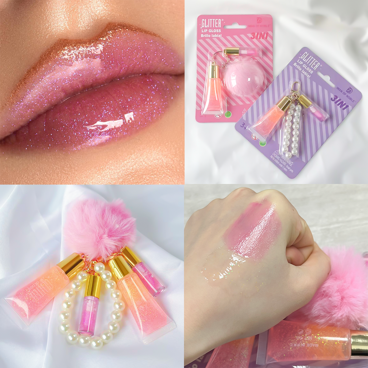 2PCS Warm Change Lip Gloss Set with Pearl Pendant 3-in-1 Lip Oil Lipstick Valentine's Day Gift Lip Gloss