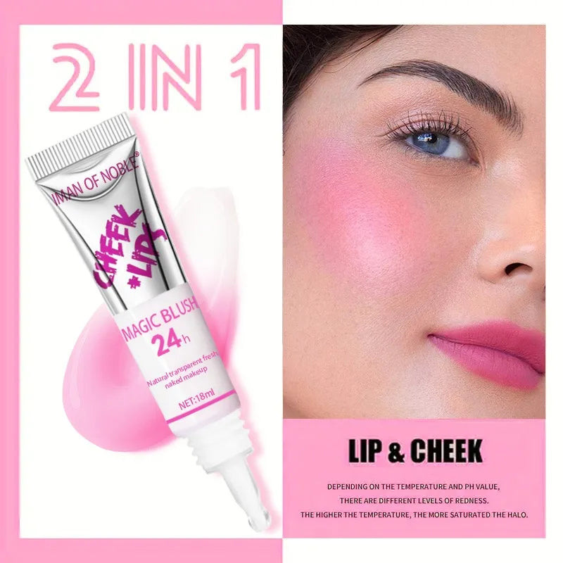 2-in-1 Color-Changing Liquid Blush & Lip Tint Natural Rosy Glow 24H Waterproof Sweat-Proof Long-Lasting Flush Cheeks & Lips