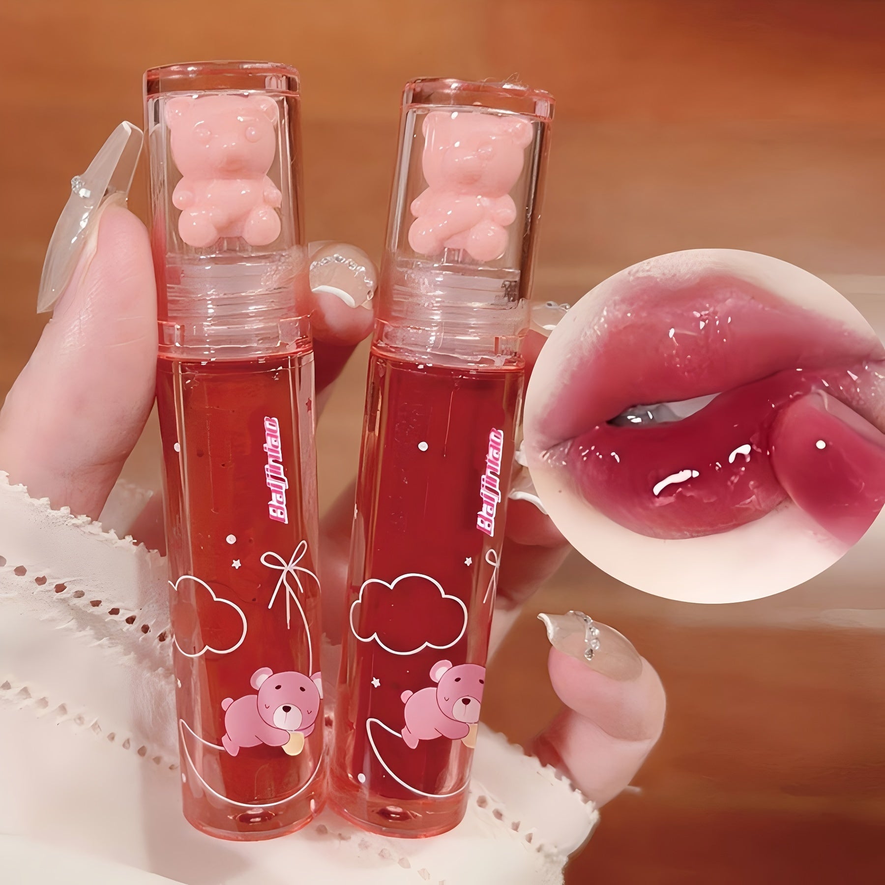6 color lip glaze cute little bear mirror gloss  jelly lips with sparkling light dew water  long-lasting stain resistant trans