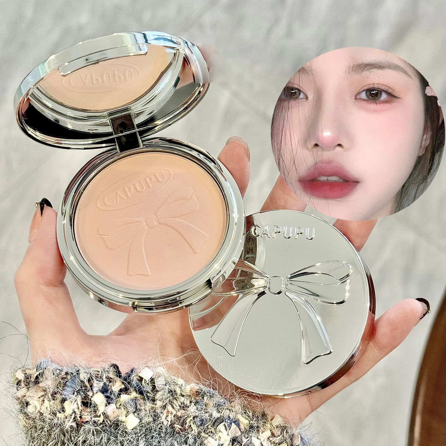 Bowknot Pressed Powder Transparent White Matte Brighten Concealer Long-lasting Oil Control Face Makeup Smooth Setting Powder