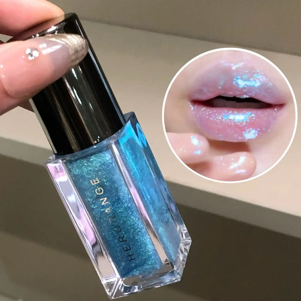 Multichrome Diamond Shimmer Lip Gloss Clear Glitter Metallic Pink Blue Orange Lip Stain Mirror-Shine Gloss 3D Sparkling Lips