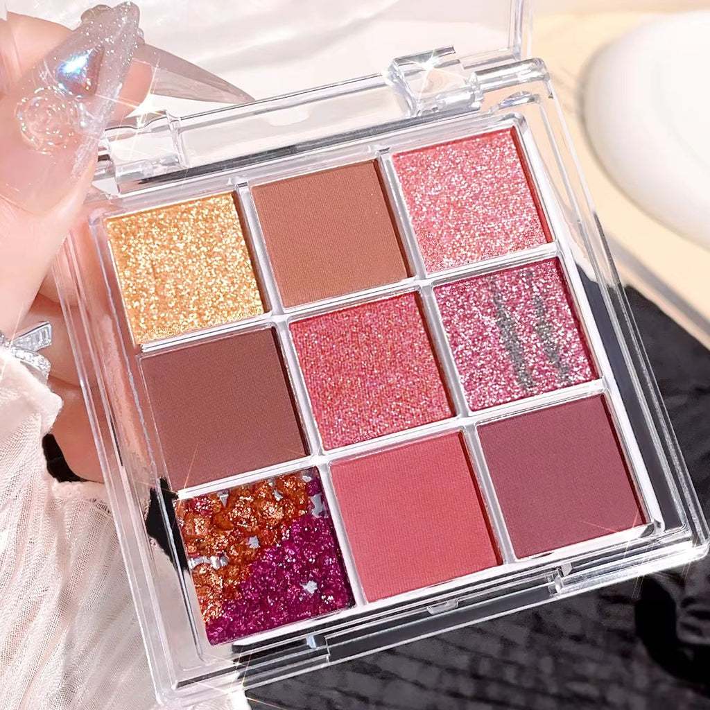 Summer 9 color eyeshadow palette  Orange brown  pink and gold  matte shimmer effect  lasting makeup  keep glitter rose Eyeshadow