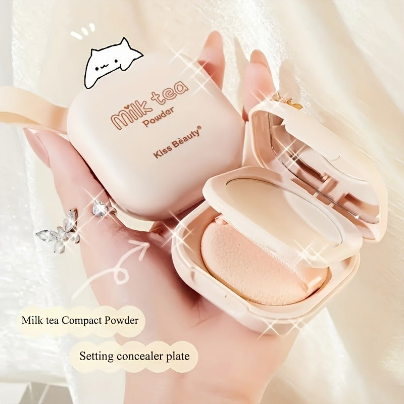Milk Tea Waterproof Compact Powder - Full Coverage Contour and Concealer Matte Finish Double-Layer Portable Setting Powder