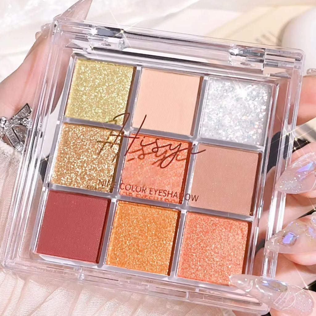 Summer 9 color eyeshadow palette  Orange brown  pink and gold  matte shimmer effect  lasting makeup  keep glitter rose Eyeshadow